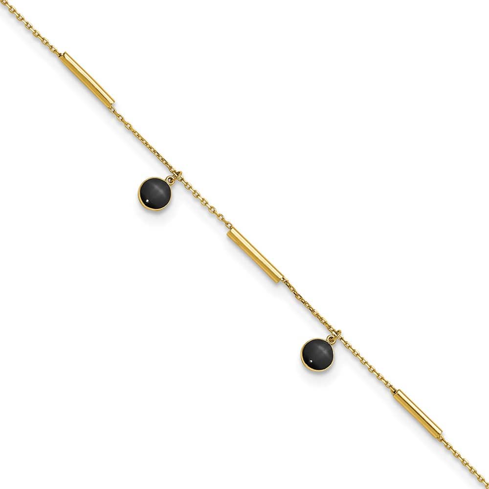 14K Yellow Gold Polished Round Onyx Dangles and Bars Anklet — solid 14K yellow gold, 9 inches long, 1 inch extension, 0.8 mm wide, spring ring clasp, 1.28 g