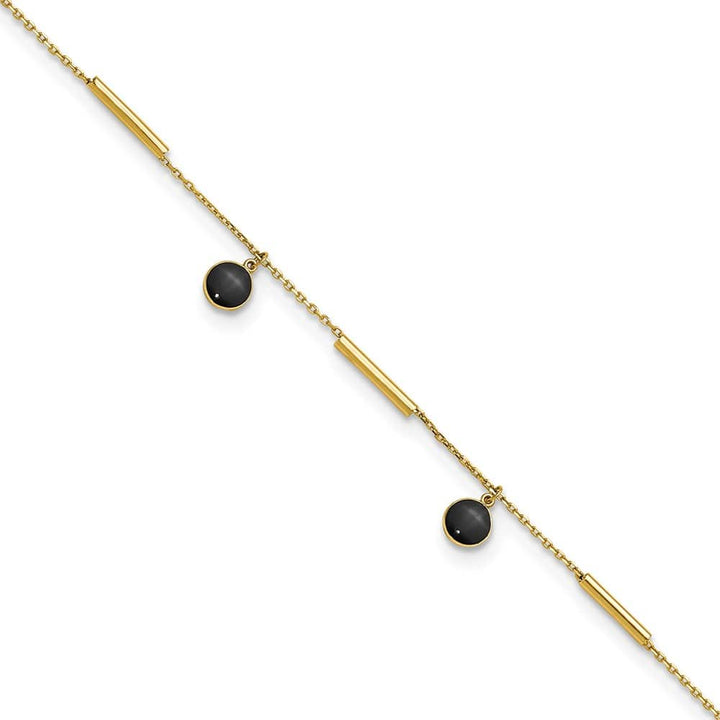 14K Yellow Gold Polished Round Onyx Dangles and Bars Anklet — solid 14K yellow gold, 9 inches long, 1 inch extension, 0.8 mm wide, spring ring clasp, 1.28 g