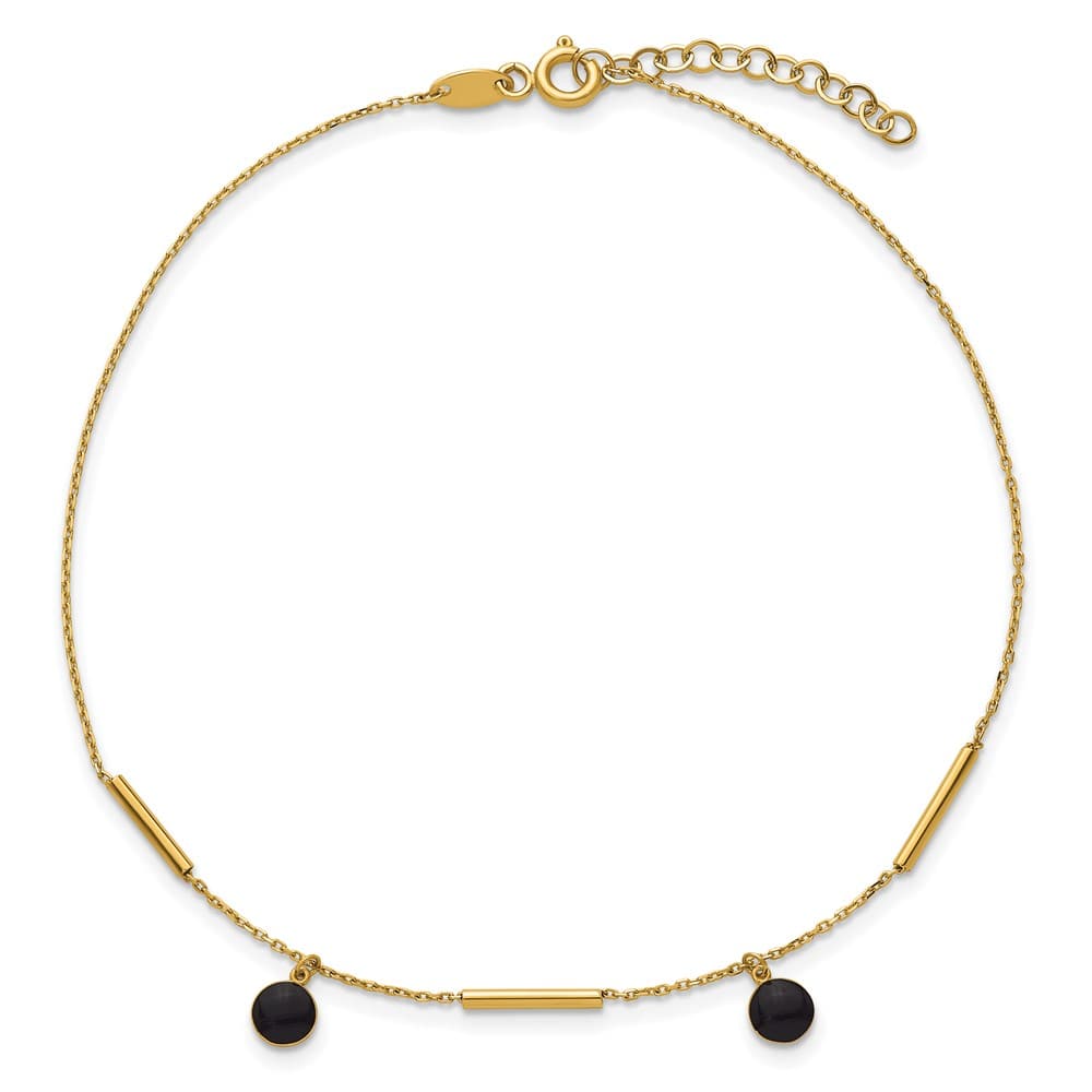 14K Yellow Gold Polished Round Onyx Dangles and Bars Anklet