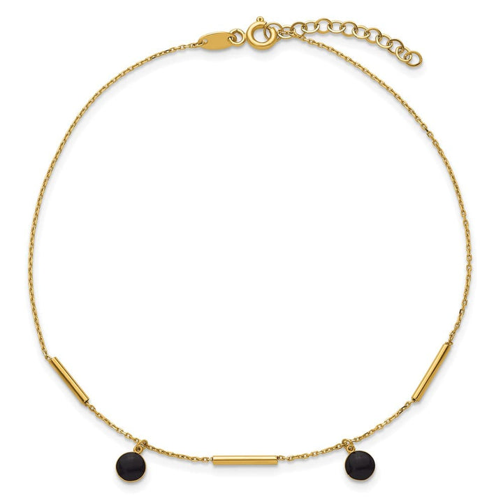 14K Yellow Gold Polished Round Onyx Dangles and Bars Anklet