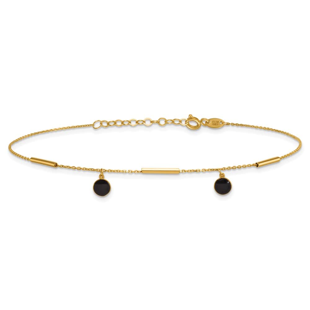 14K Yellow Gold Polished Round Onyx Dangles and Bars Anklet