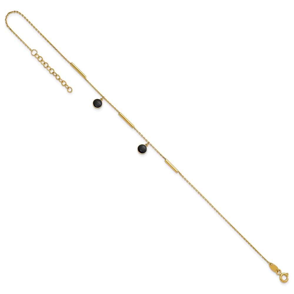 14K Yellow Gold Polished Round Onyx Dangles and Bars Anklet