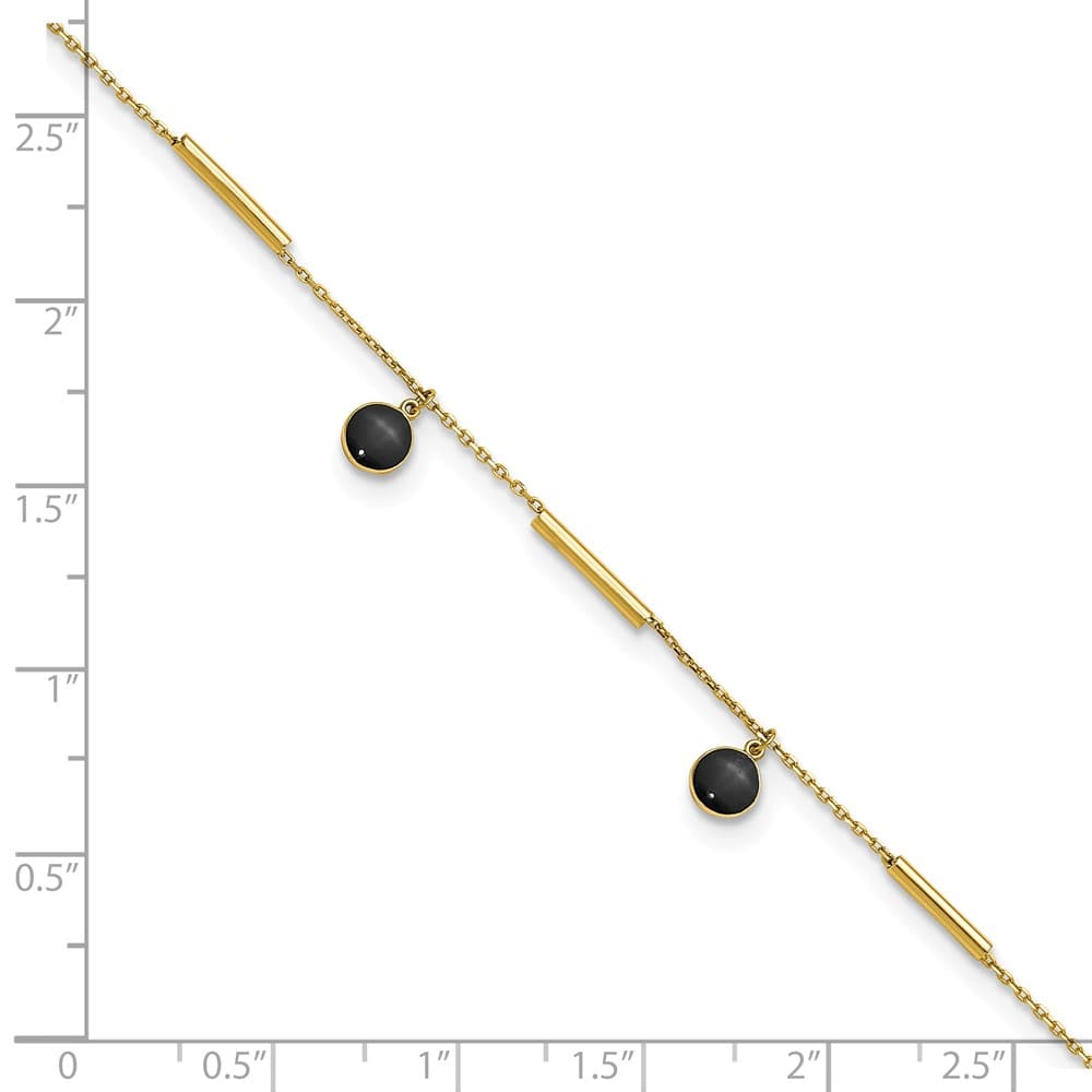 14K Yellow Gold Polished Round Onyx Dangles and Bars Anklet