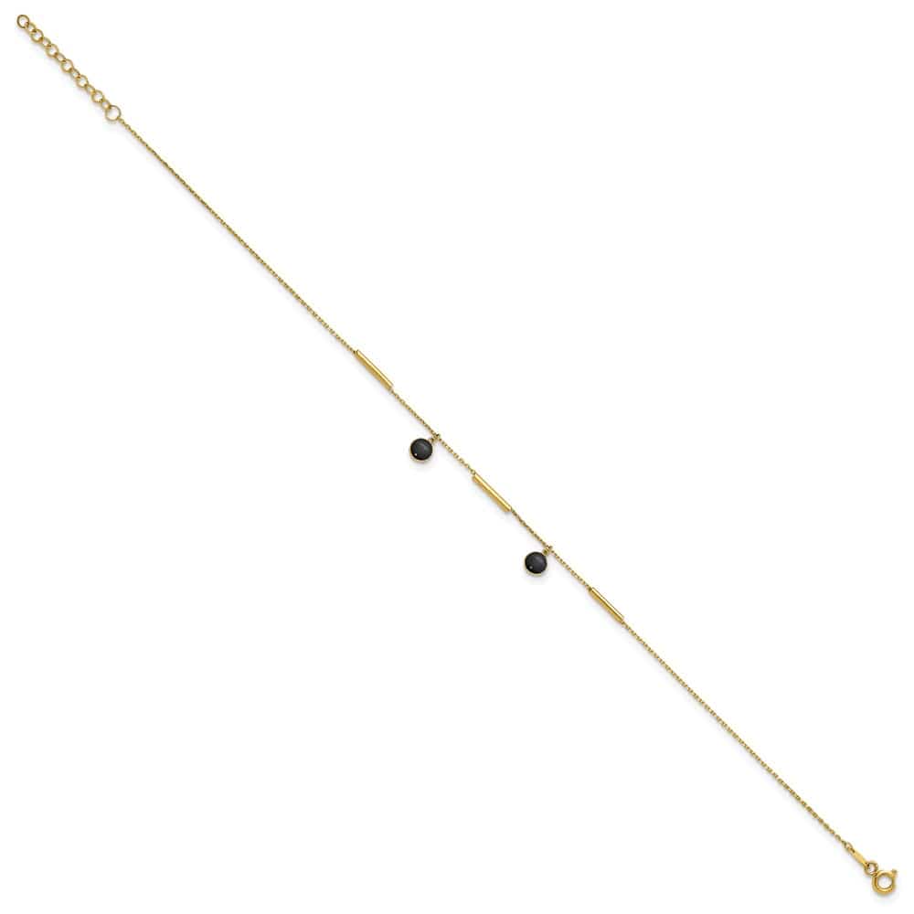14K Yellow Gold Polished Round Onyx Dangles and Bars Anklet