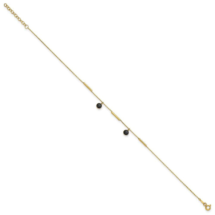 14K Yellow Gold Polished Round Onyx Dangles and Bars Anklet
