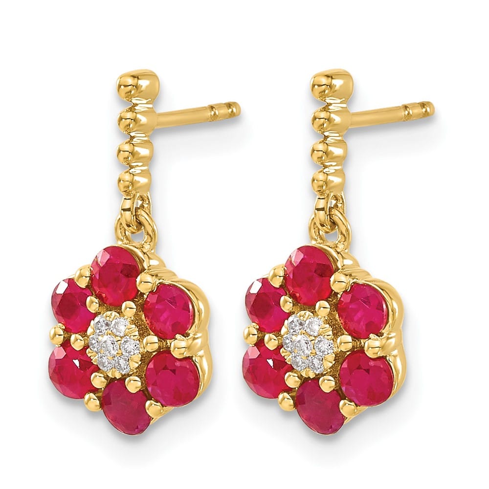 14K Yellow Gold Polished Ruby and Diamond Floral Dangle Post Earrings, view 2 of 4