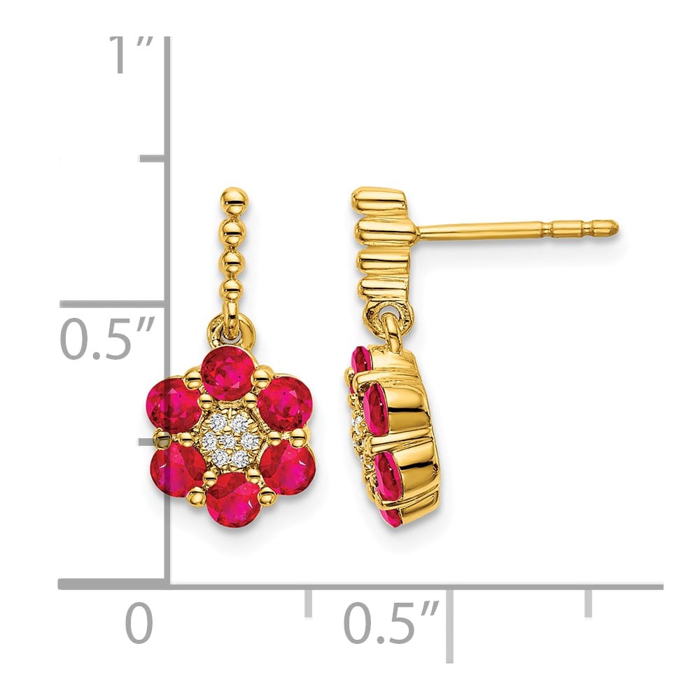 14K Yellow Gold Polished Ruby and Diamond Floral Dangle Post Earrings, view 4 of 4