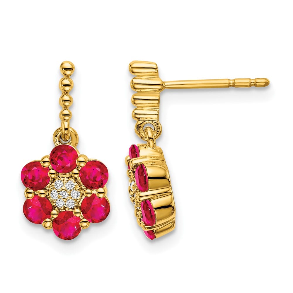 14K Yellow Gold Polished Ruby and Diamond Floral Dangle Post Earrings, view 1 of 4