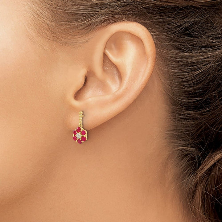 14K Yellow Gold Polished Ruby and Diamond Floral Dangle Post Earrings, view 3 of 4