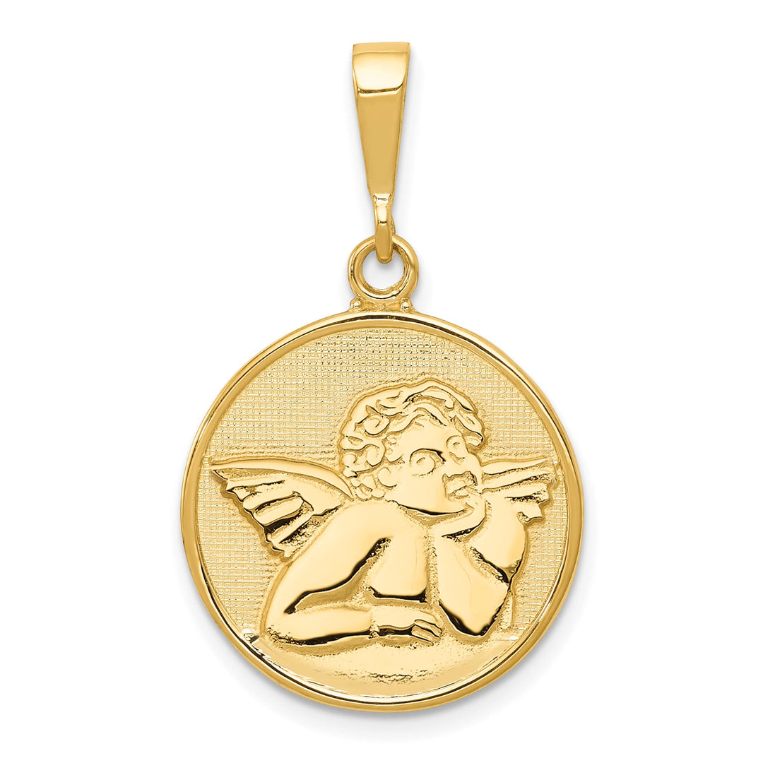 14K Yellow Gold Polished Satin Angel Round Pendant