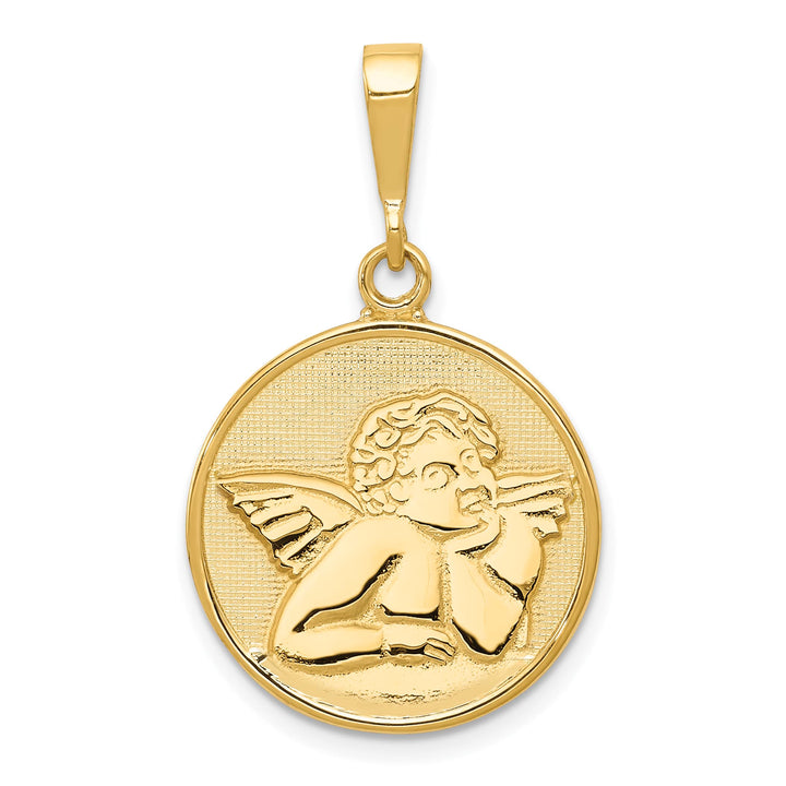 14K Yellow Gold Polished Satin Angel Round Pendant