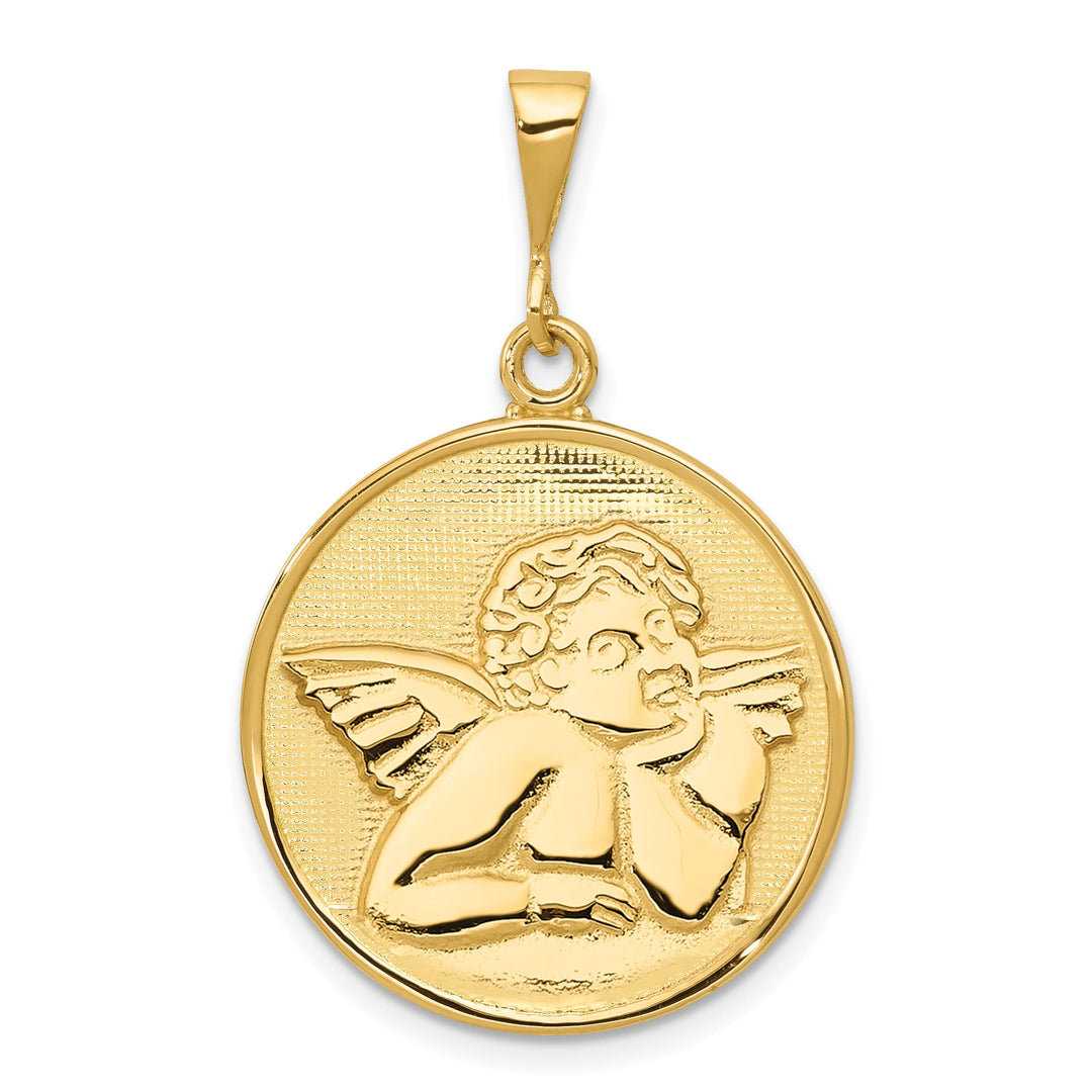 14K Yellow Gold Polished Satin Angel Round Pendant