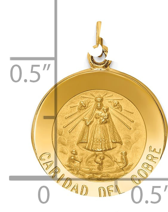 14K Yellow Gold Polished Satin Caridad Del Cobre Medal Round Pendant