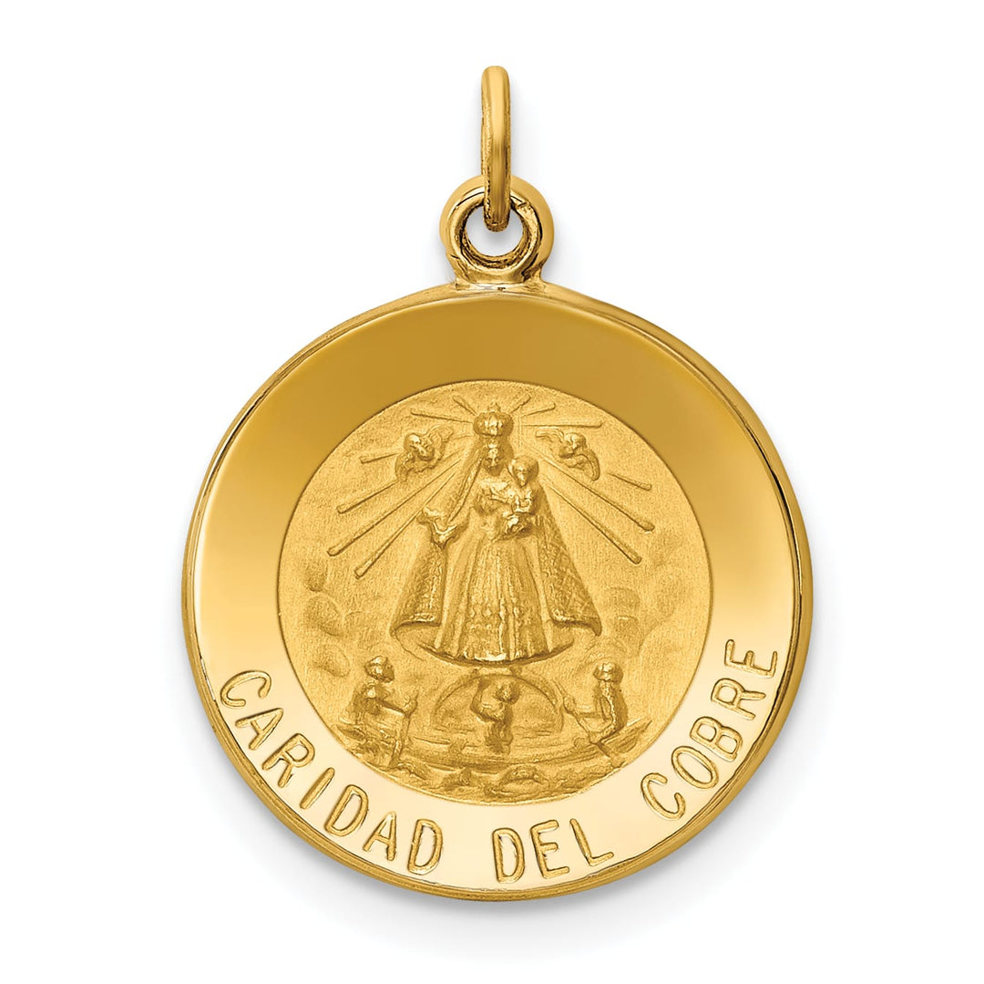 14K Yellow Gold Polished Satin Caridad Del Cobre Medal Round Pendant