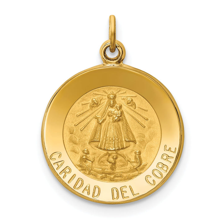 14K Yellow Gold Polished Satin Caridad Del Cobre Medal Round Pendant