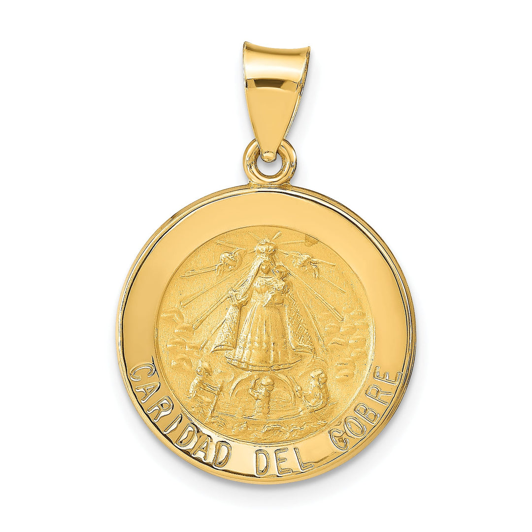 14K Yellow Gold Polished Satin Caridad Del Cobre Medal Round Pendant