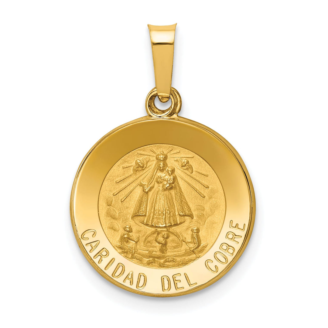 14K Yellow Gold Polished Satin Caridad Del Cobre Medal Round Pendant