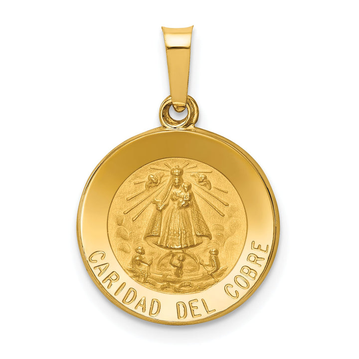14K Yellow Gold Polished Satin Caridad Del Cobre Medal Round Pendant