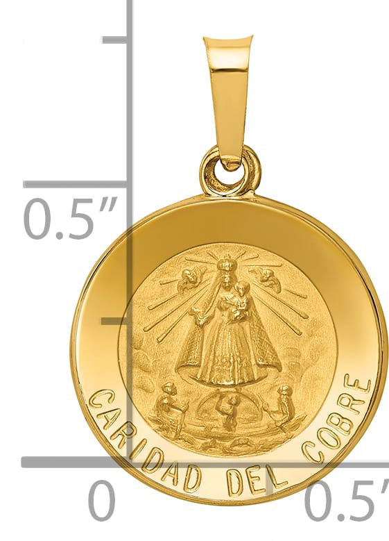 14K Yellow Gold Polished Satin Caridad Del Cobre Medal Round Pendant