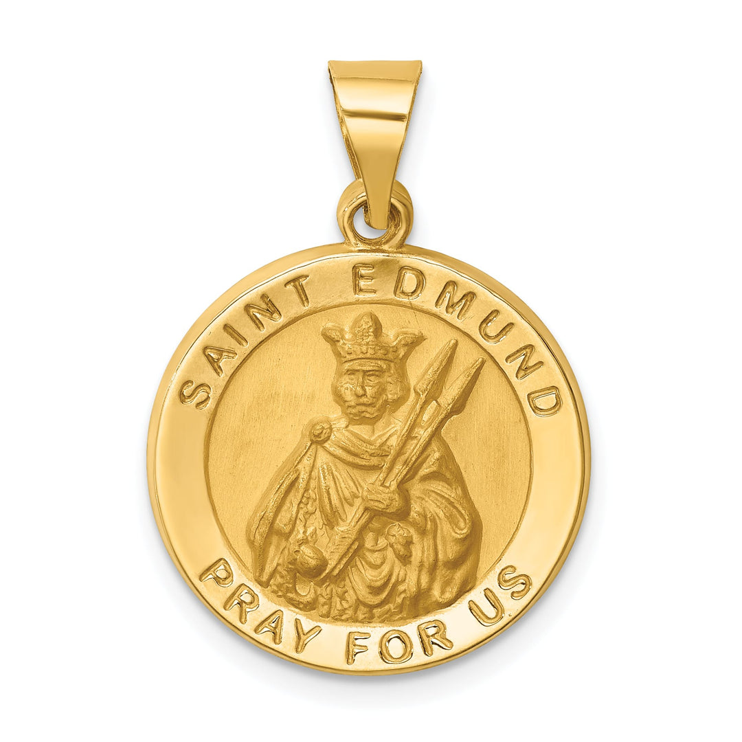 14K Yellow Gold Polished Satin Hollow Round St. Edmund Medal Pendant
