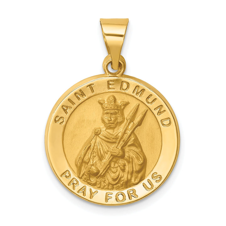 14K Yellow Gold Polished Satin Hollow Round St. Edmund Medal Pendant