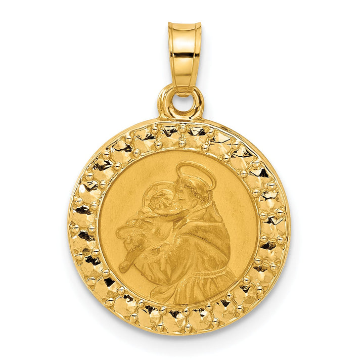 14K Yellow Gold Polished Satin Hollow St Anthony Medal Round Pendant