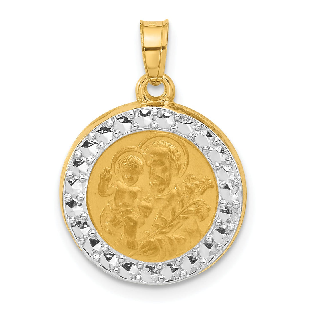 14K Yellow Gold Polished Satin Hollow St. Joseph Medal Round Pendant