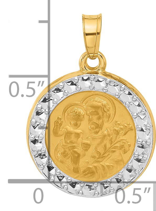 14K Yellow Gold Polished Satin Hollow St. Joseph Medal Round Pendant