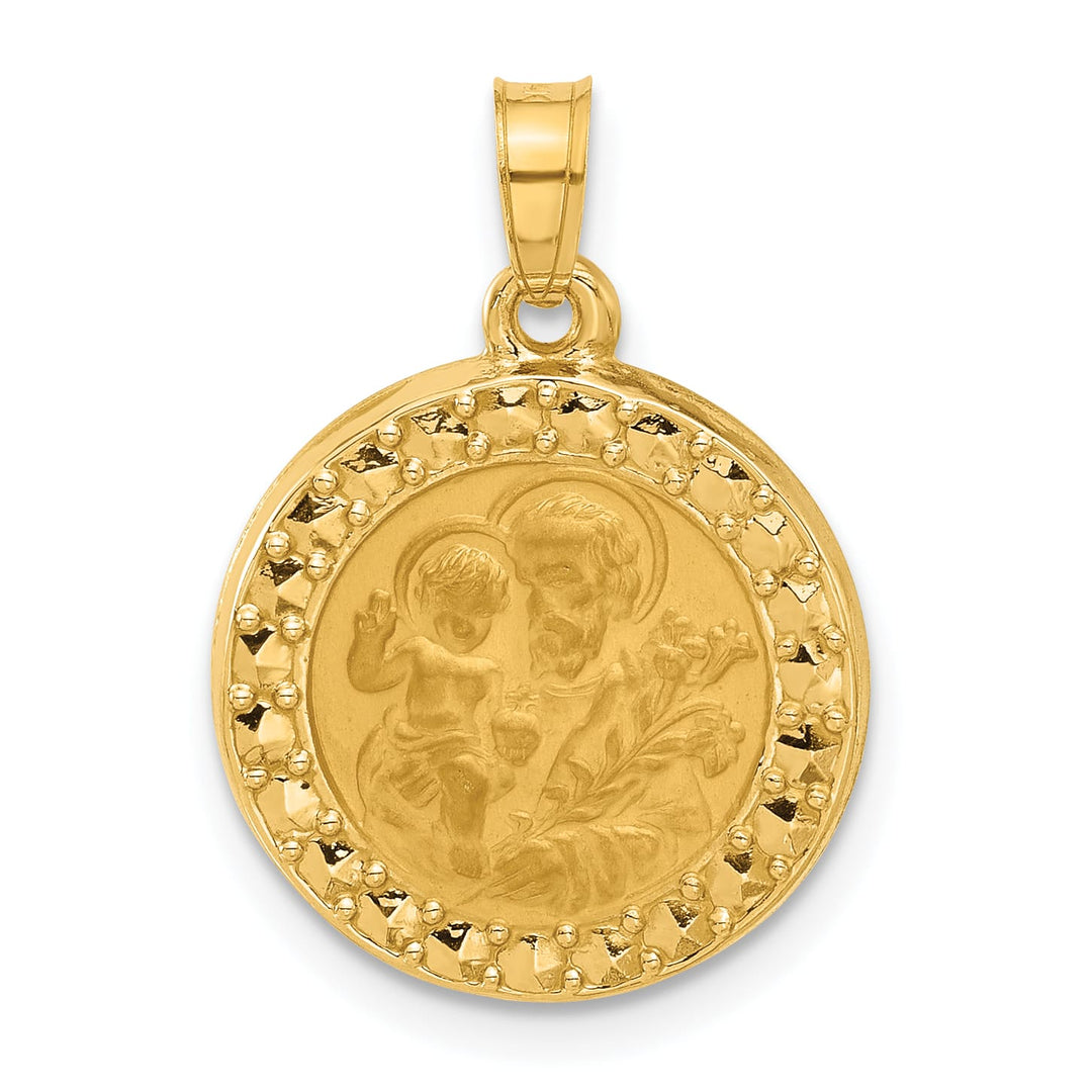 14K Yellow Gold Polished Satin Hollow St. Joseph Medal Round Pendant