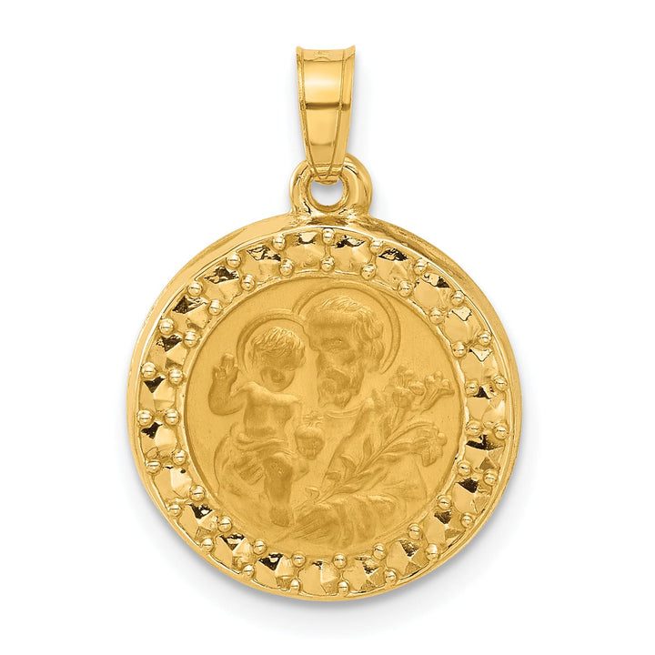 14K Yellow Gold Polished Satin Hollow St. Joseph Medal Round Pendant