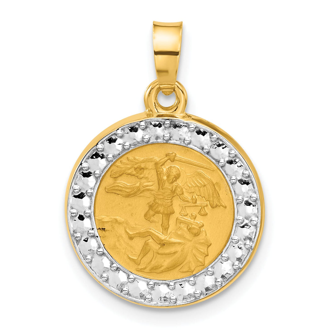 14K Yellow Gold Polished Satin Hollow St. Michael Medal Round Pendant