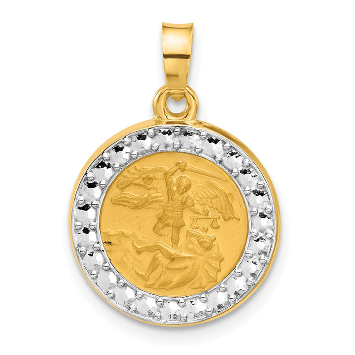 14K Yellow Gold Polished Satin Hollow St. Michael Medal Round Pendant