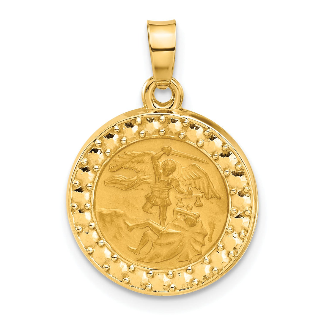 14K Yellow Gold Polished Satin Hollow St. Michael Medal Round Pendant