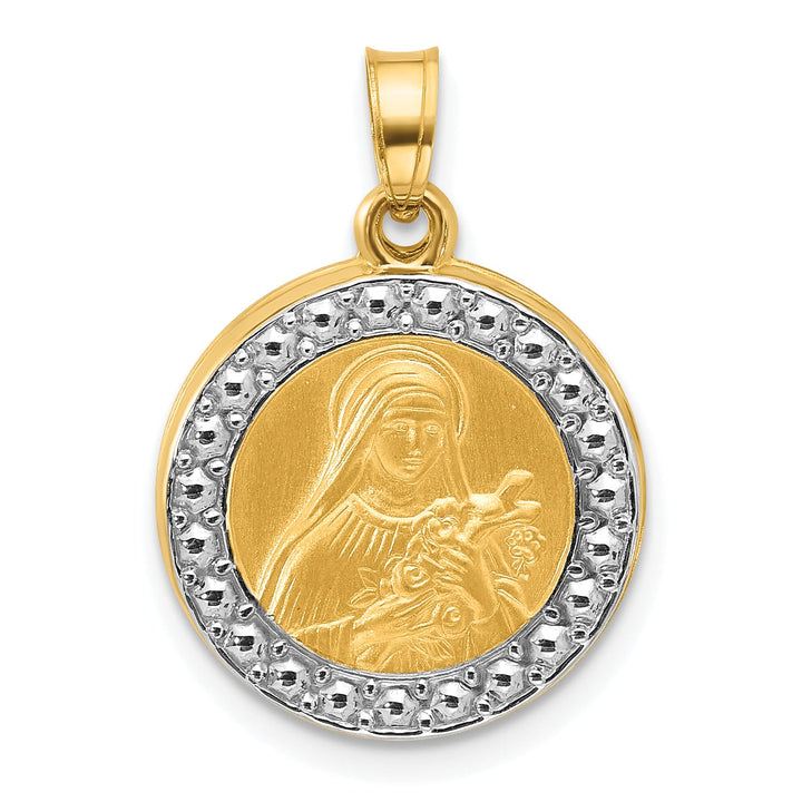 14K Yellow Gold Polished Satin Hollow St. Theresa Medal Round Pendant