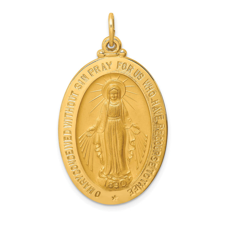 14K Yellow Gold Polished Satin Large Miraculous Medal Oval Pendant