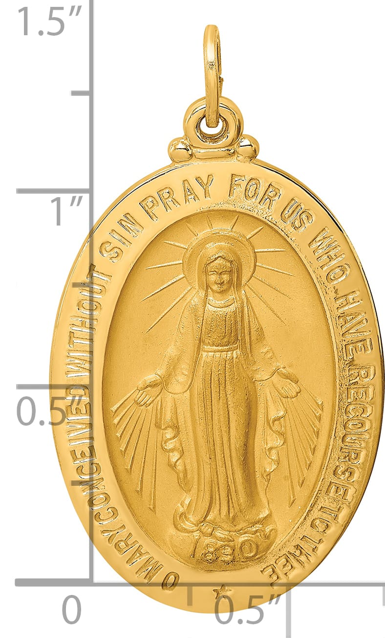 14K Yellow Gold Polished Satin Large Miraculous Medal Oval Pendant