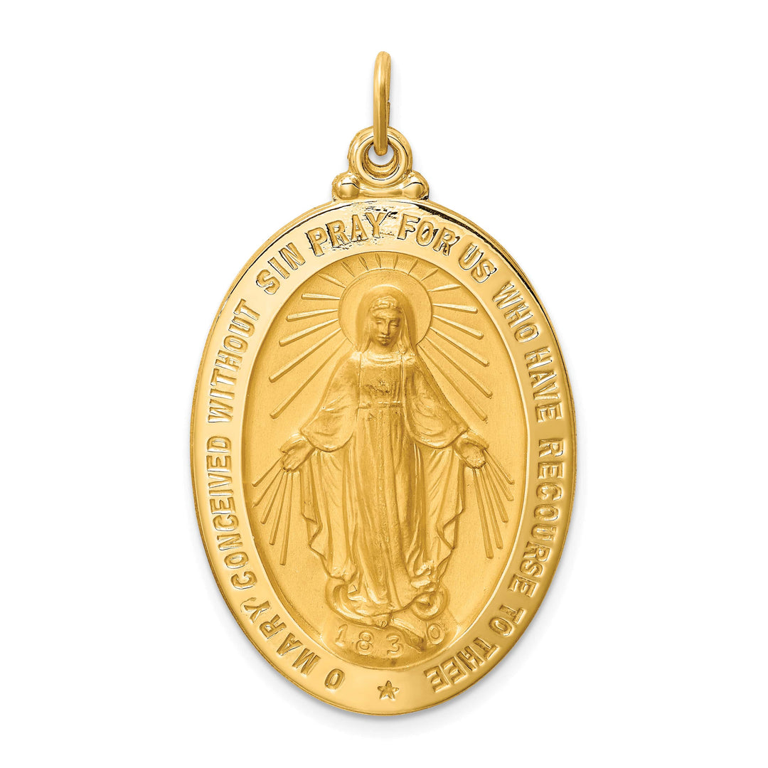 14K Yellow Gold Polished Satin Large Miraculous Medal Oval Pendant