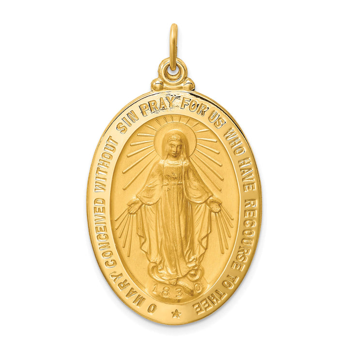 14K Yellow Gold Polished Satin Large Miraculous Medal Oval Pendant