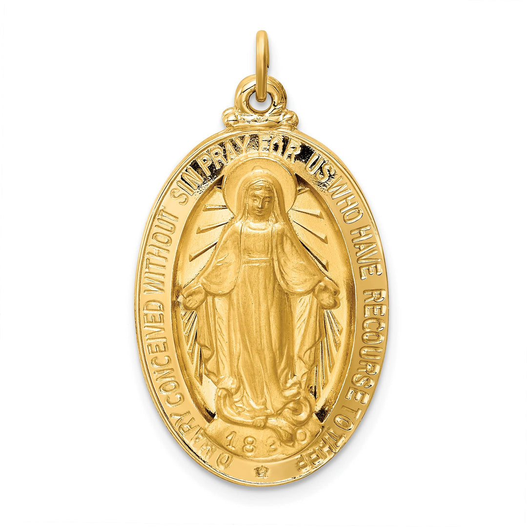 14K Yellow Gold Polished Satin Large Miraculous Medal Oval Pendant
