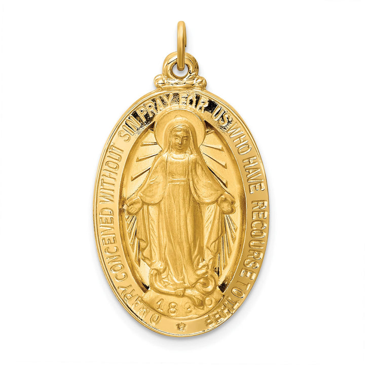 14K Yellow Gold Polished Satin Large Miraculous Medal Oval Pendant