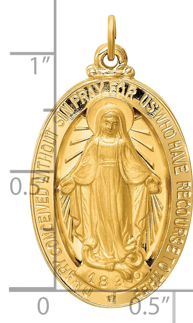 14K Yellow Gold Polished Satin Large Miraculous Medal Oval Pendant