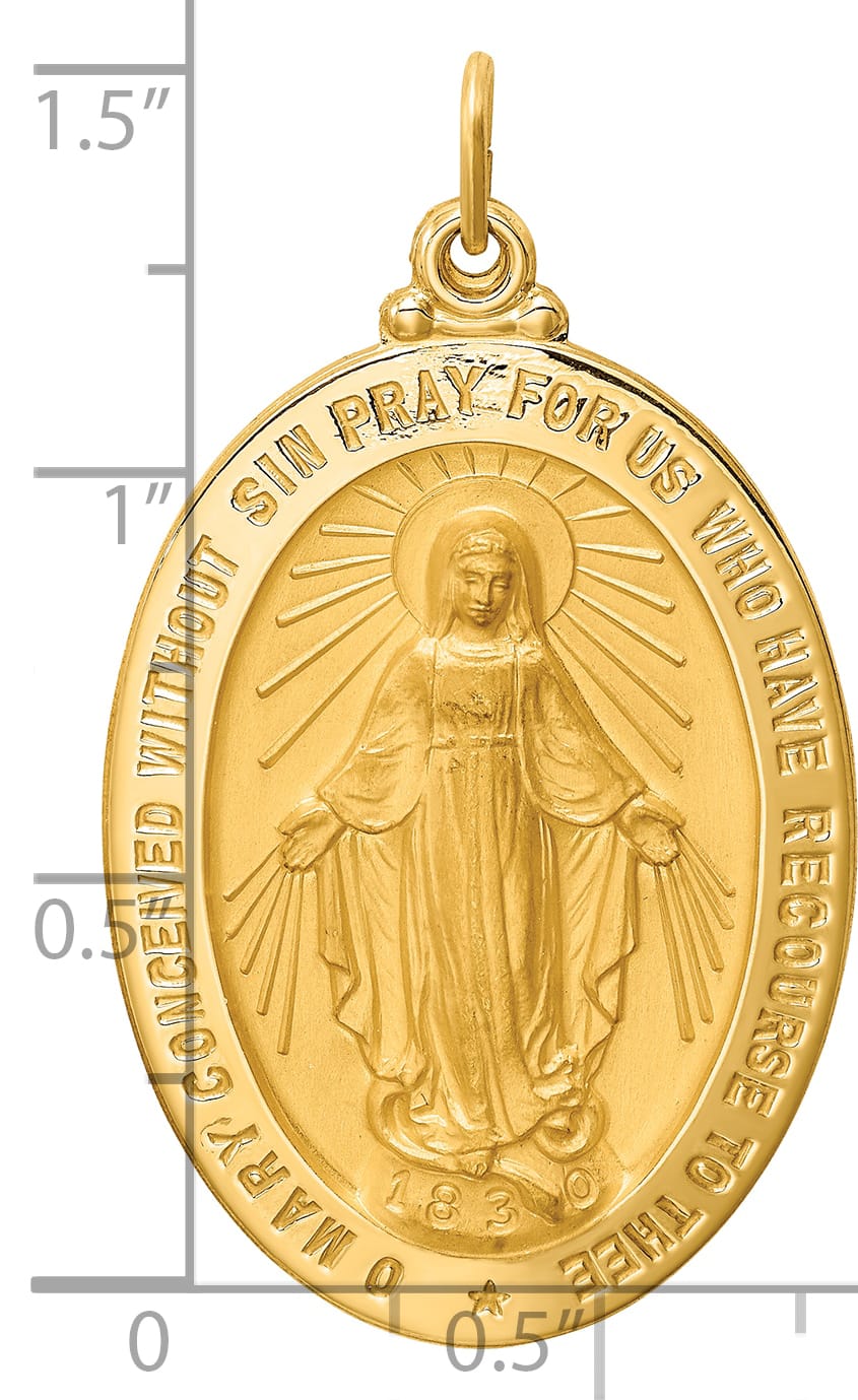 14K Yellow Gold Polished Satin Large Miraculous Medal Oval Pendant
