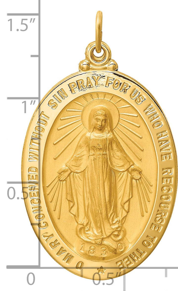 14K Yellow Gold Polished Satin Large Miraculous Medal Oval Pendant