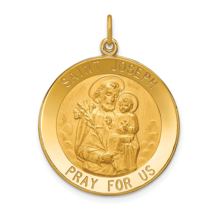 14K Yellow Gold Polished Satin Large Round St. Joseph Medal Pendant