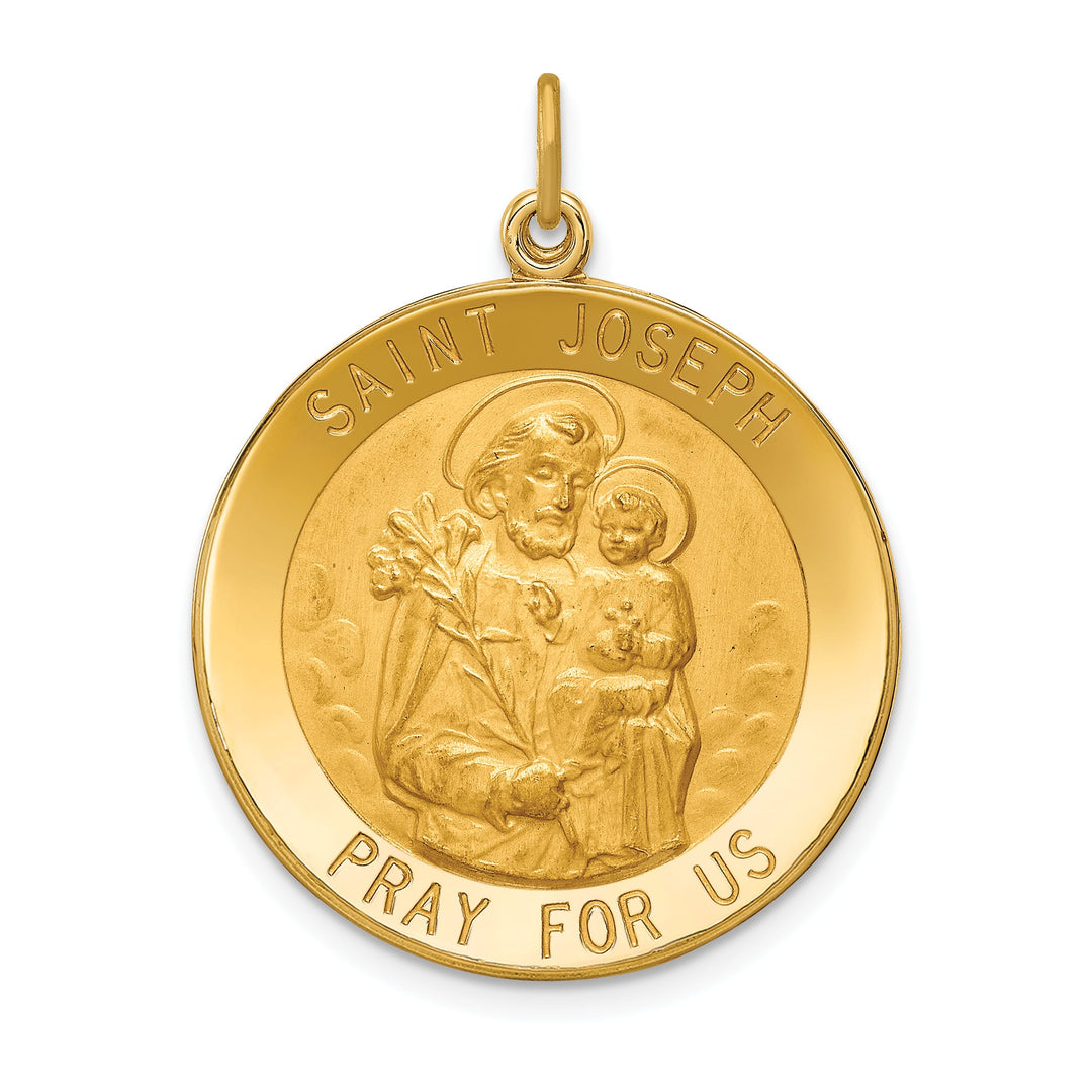 14K Yellow Gold Polished Satin Large Round St. Joseph Medal Pendant
