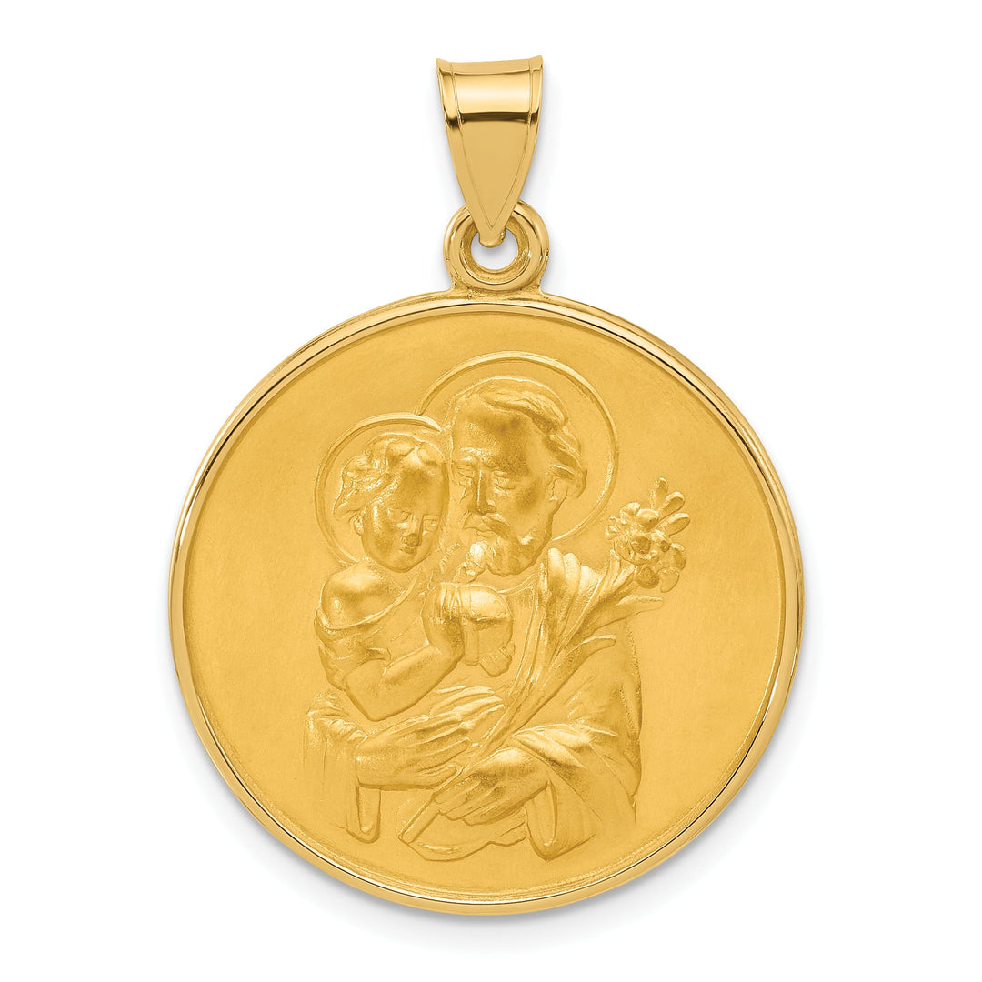 14K Yellow Gold Polished Satin Large St Joseph Medal Round Pendant