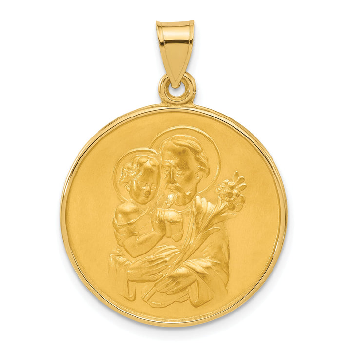 14K Yellow Gold Polished Satin Large St Joseph Medal Round Pendant