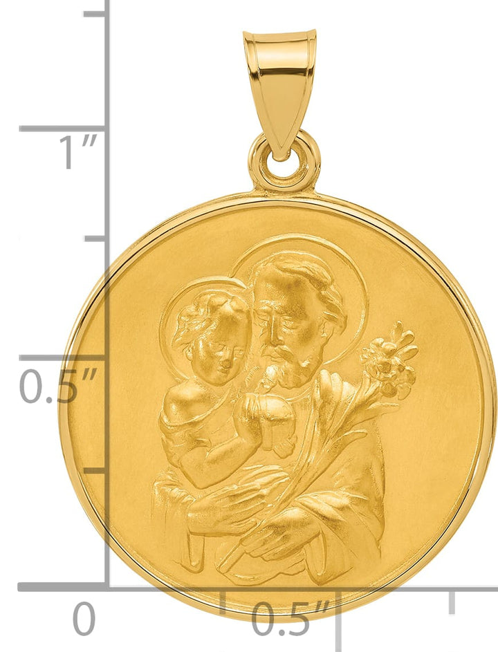 14K Yellow Gold Polished Satin Large St Joseph Medal Round Pendant