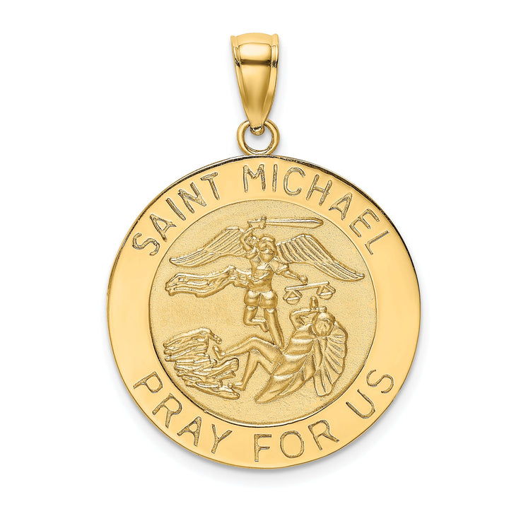 14K Yellow Gold Polished Satin Large St. Michael Medal Round Pendant