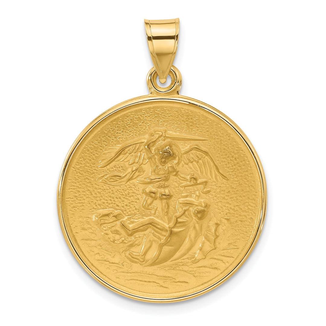 14K Yellow Gold Polished Satin Large St. Michael Medal Round Pendant